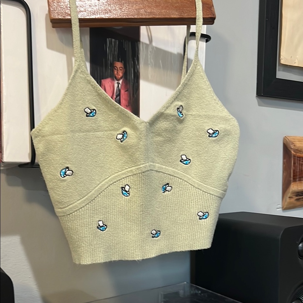 Embroidered Mushrooms Green Knit Women's Crop Tank Top